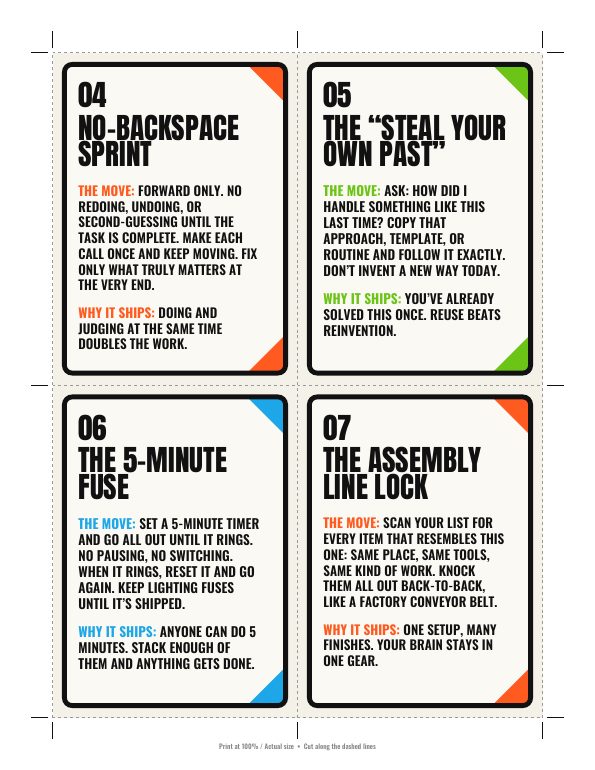 A page of the printable deck: four cards with dashed cut lines.